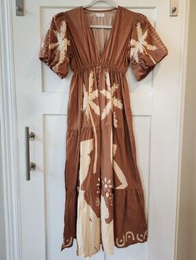 Boho Brown & Cream V-Neck Maxi Dress with Puff Sleeves